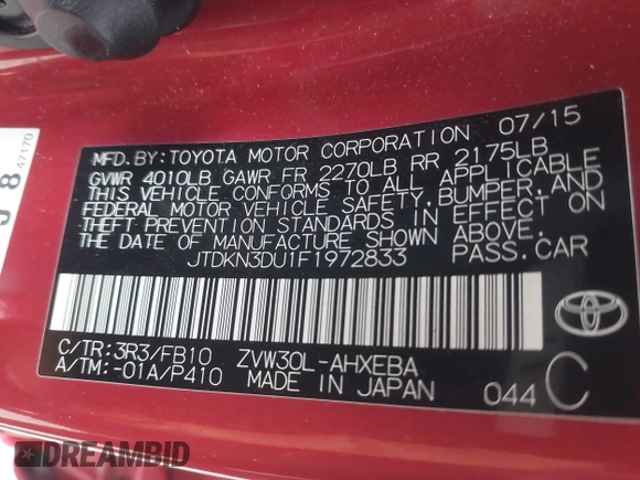 2015 Toyota Prius Four z VIN JTDKN3DU1F1972833, wystawiony jako IAAI lot #42296650 z przebiegiem 153 953 mil mil oraz . Historia ofert i sprzedaży dostępna na DreamBid. Obrazek 9.