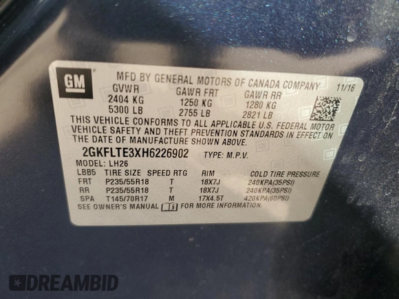 2017 GMC Terrain SLE with VIN 2GKFLTE3XH6226902, listed as a Copart auction lot 43703225 with 47,096 mi miles and Salvage Title. Bid and sale history available at carsss.com. Image 16.