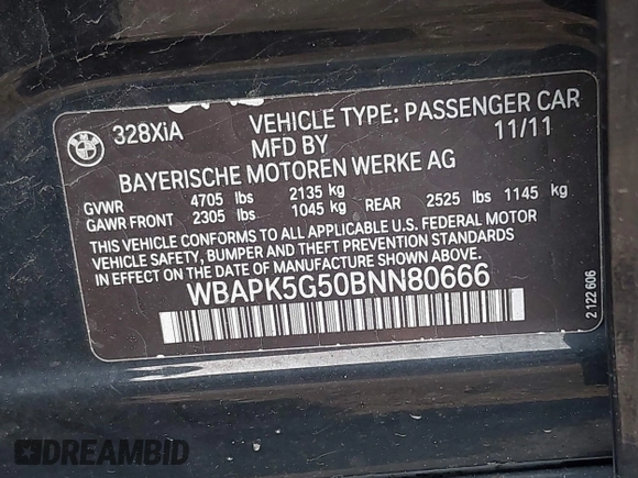 2011 BMW 3 Series 328i xDrive z VIN WBAPK5G50BNN80666, wystawiony jako IAAI lot #41876305 z przebiegiem 155 104 mil mil oraz . Historia ofert i sprzedaży dostępna na DreamBid. Obrazek 9.
