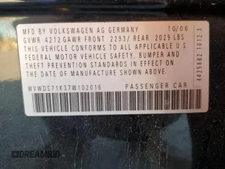 2007 Volkswagen Rabbit z VIN WVWDS71K37W102016, wystawiony jako Copart lot #56430335 z przebiegiem 160 416 mil mil oraz Szkoda całkowita • Salvage title. Historia ofert i sprzedaży dostępna na DreamBid. Obrazek 12.