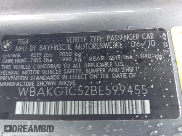 2011 BMW 3 Series 335is with VIN WBAKG1C52BE599455, listed as a IAAI auction lot 41724159 with 121,570 mi miles and . Bid and sale history available at carsss.com. Image 9.
