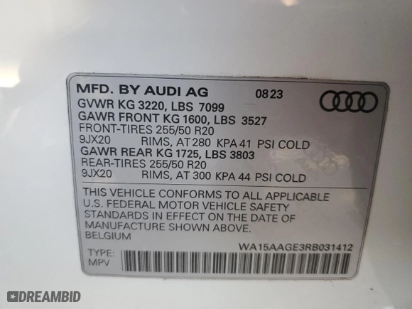 2024 Audi Q8 e-tron Premium Plus with VIN WA15AAGE3RB031412, listed as a Copart auction lot 71624414 with NaN miles and Salvage Title. Bid and sale history available at carsss.com. Image 14.