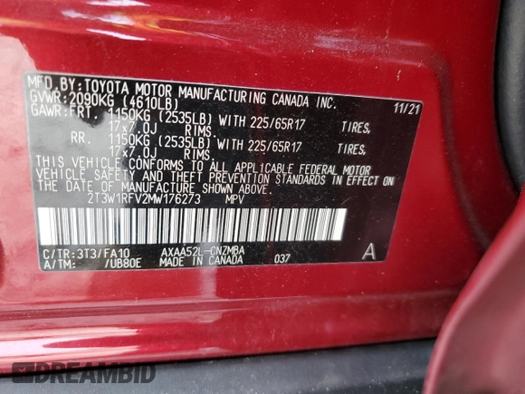 2021 Toyota RAV4 XLE z VIN 2T3W1RFV2MW176273, wystawiony jako Copart lot #62702095 z przebiegiem 37 934 mil mil oraz Szkoda całkowita • Salvage title. Historia ofert i sprzedaży dostępna na DreamBid. Obrazek 15.