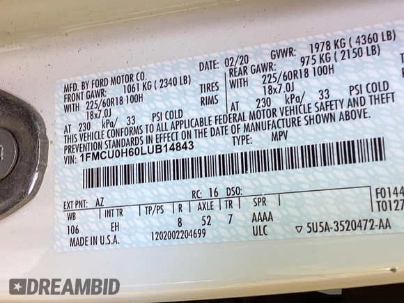 2020 Ford Escape SEL with VIN 1FMCU0H60LUB14843, listed as a IAAI auction lot 42731338 with 87,333 mi miles and . Bid and sale history available at DreamBid. Image 17.