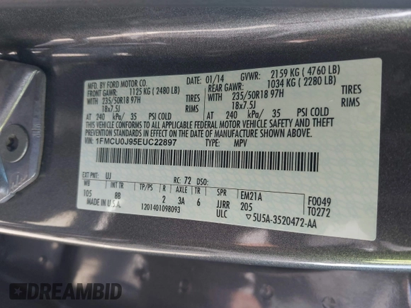 2014 Ford Escape Titanium с VIN 1FMCU0J95EUC22897, выставлен на аукционе IAAI как лот 42204135 с пробегом 144 534 миль миль и . История ставок и продаж доступна на DreamBid. Изображение 9.
