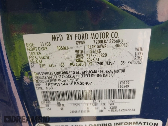 2009 Ford F-150 XL with VIN 1FTPW14V19FA05467, listed as a IAAI auction lot 42566023 with 106,755 mi miles and . Bid and sale history available at DreamBid. Image 9.