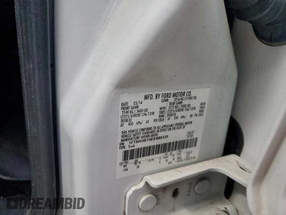 2014 Ford F-350 XLT with VIN 1FT8W3BT9EEB86335, listed as a Copart auction lot 53987085 with Not provided miles and Salvage title. Bid and sale history available at DreamBid. Image 12.