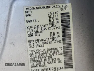 2011 Nissan Pathfinder S with VIN 5N1AR1NB4BC629834, listed as a Copart auction lot 61241345 with 122,348 mi miles and Salvage title. Bid and sale history available at DreamBid. Image 14.