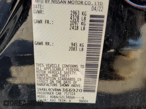 2022 Nissan Altima 2.5 SR with VIN 1N4BL4CV8NN366920, listed as a Copart auction lot 43006765 with 32,712 mi miles and Salvage Title. Bid and sale history available at carsss.com. Image 12.