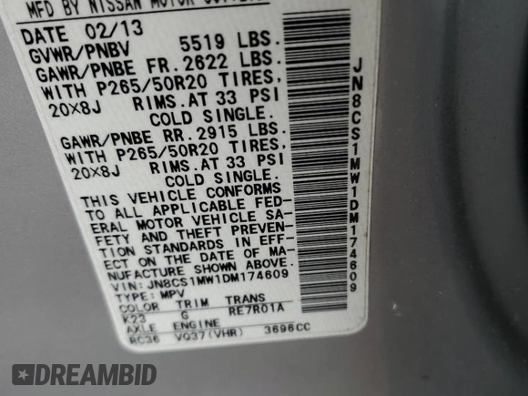 2013 Infiniti FX with VIN JN8CS1MW1DM174609, listed as a Copart auction lot 58953865 with 130,022 mi miles and Clean title. Bid and sale history available at DreamBid. Image 13.