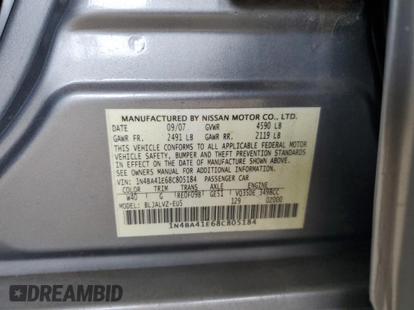 2008 Nissan Maxima 3.5 SE with VIN 1N4BA41E68C805184, listed as a Copart auction lot 47720285 with 197,289 mi miles and Salvage Title. Bid and sale history available at carsss.com. Image 12.