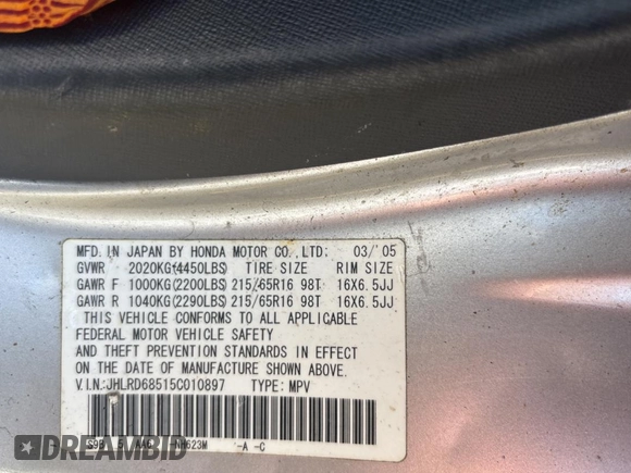 2005 Honda CR-V LX with VIN JHLRD68515C010897, listed as a Copart auction lot 43971785 with 257,429 mi miles and Clean Title. Bid and sale history available at DreamBid. Image 10.