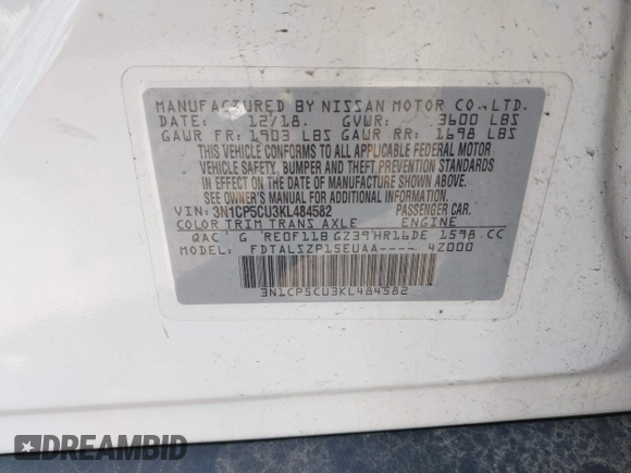 2019 Nissan Kicks S with VIN 3N1CP5CU3KL484582, listed as a IAAI auction lot 42087860 with 136,853 mi miles and . Bid and sale history available at carsss.com. Image 8.