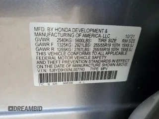 2022 Acura MDX with VIN 5J8YD9H30NL007743, listed as a Copart auction lot 62997924 with Not provided miles and Salvage title. Bid and sale history available at DreamBid. Image 13.