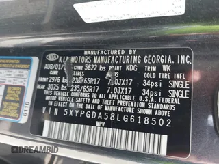2020 Kia Sorento LX z VIN 5XYPGDA58LG618502, wystawiony jako IAAI lot #42017262 z przebiegiem 127 702 mil mil oraz . Historia ofert i sprzedaży dostępna na DreamBid. Obrazek 9.