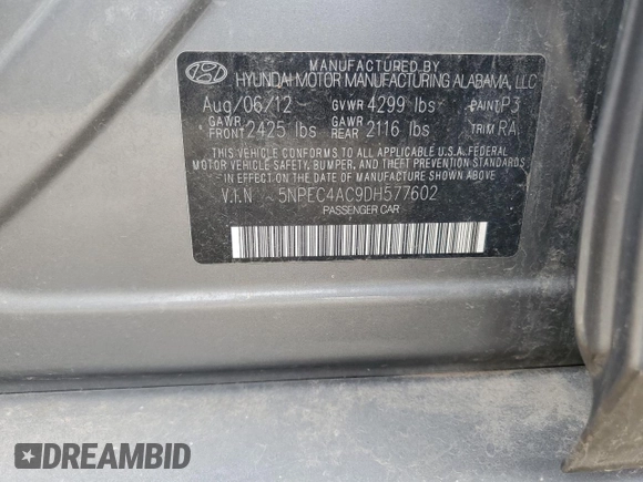2013 Hyundai Sonata Limited with VIN 5NPEC4AC9DH577602, listed as a Copart auction lot 50443295 with 155,868 mi miles and Clean Title. Bid and sale history available at DreamBid. Image 13.