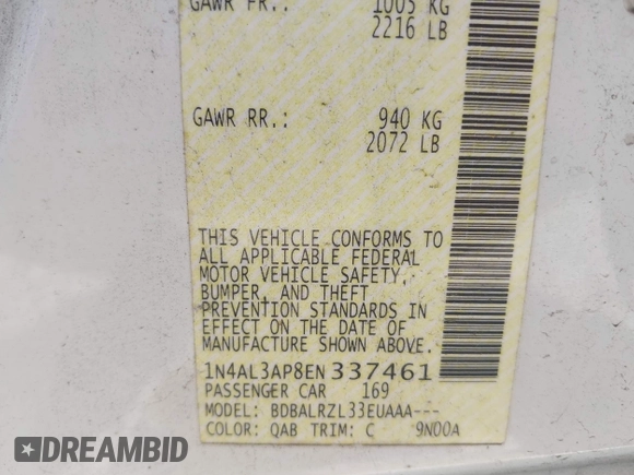 2014 Nissan Altima SL with VIN 1N4AL3AP8EN337461, listed as a IAAI auction lot 42028258 with 295,624 mi miles and . Bid and sale history available at DreamBid. Image 9.