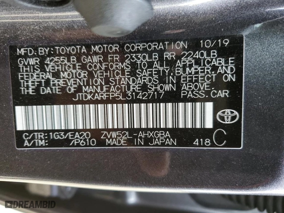 2020 Toyota Prius Prime LE with VIN JTDKARFP5L3142717, listed as a Copart auction lot 50379455 with 82,531 mi miles and Salvage Title. Bid and sale history available at carsss.com. Image 13.