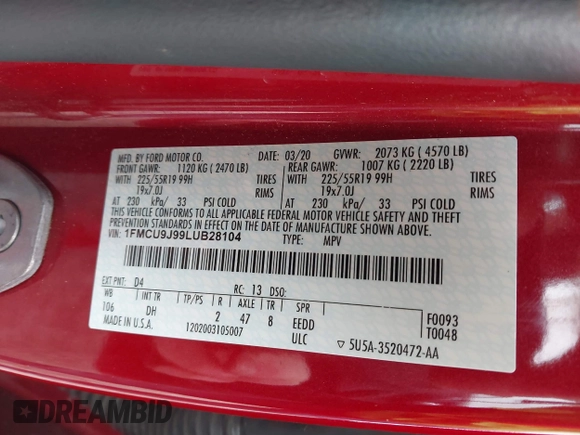2020 Ford Escape Titanium with VIN 1FMCU9J99LUB28104, listed as a IAAI auction lot 42295278 with 73,706 mi miles and . Bid and sale history available at DreamBid. Image 9.