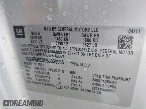 2011 GMC Acadia SLT1 with VIN 1GKKRRED9BJ359086, listed as a IAAI auction lot 42491082 with 177,288 mi miles and . Bid and sale history available at DreamBid. Image 9.