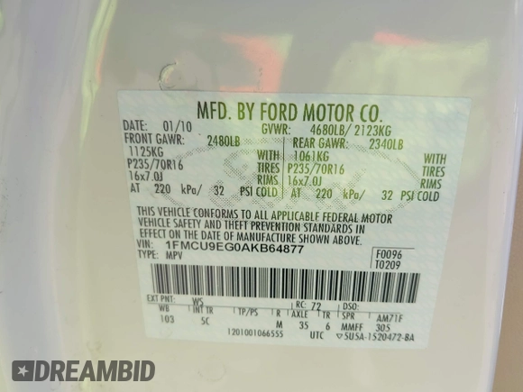 2010 Ford Escape Limited with VIN 1FMCU9EG0AKB64877, listed as a IAAI auction lot 42444590 with 141,318 mi miles and . Bid and sale history available at DreamBid. Image 9.