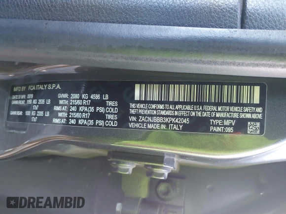 2019 Jeep Renegade Latitude z VIN ZACNJBBB3KPK42045, wystawiony jako IAAI lot #41548217 z przebiegiem 124 506 mil mil oraz . Historia ofert i sprzedaży dostępna na DreamBid. Obrazek 9.