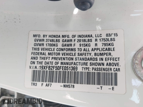2015 Honda Civic LX with VIN 19XFB2F50FE051369, listed as a IAAI auction lot 41822555 with 87,523 mi miles. Bid and sale history available at carsss.com. Image 9.