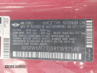 2009 MINI Hardtop S with VIN WMWMF73559TW87548, listed as a IAAI auction lot 42346174 with 132,361 mi miles and . Bid and sale history available at DreamBid. Image 9.