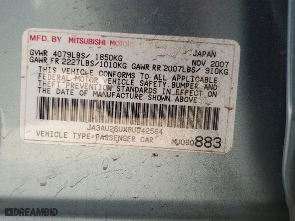 2008 Mitsubishi Lancer DE with VIN JA3AU26UX8U042564, listed as a Copart auction lot 43396645 with 150023 miles and Salvage Title. Bid and sale history available at carsss.com. Image 12.
