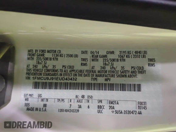 2014 Ford Escape Titanium with VIN 1FMCU9J91EUD43432, listed as a IAAI auction lot 40989177 with 110,383 mi miles and . Bid and sale history available at DreamBid. Image 9.
