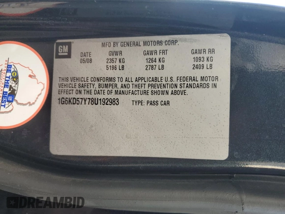 2008 Cadillac DTS 1SD z VIN 1G6KD57Y78U192983, wystawiony jako Copart lot #87672955 z przebiegiem 112 376 mil mil oraz Szkoda całkowita • Salvage title. Historia ofert i sprzedaży dostępna na DreamBid. Obrazek 12.