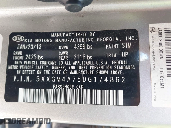 2013 Kia Optima LX with VIN 5XXGM4A78DG174862, listed as a IAAI auction lot 41823436 with 202,202 mi miles. Bid and sale history available at carsss.com. Image 9.
