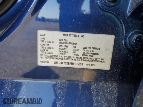 2022 Tesla Model Y Performance with VIN 7SAYGDEF8NF375858, listed as a Copart auction lot 46127965 with Not Provided miles and Salvage Title. Bid and sale history available at DreamBid. Image 12.