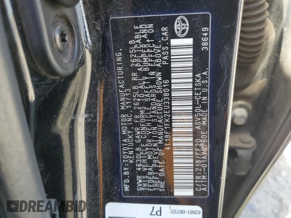 2014 Toyota Camry L with VIN 4T1BF1FK2EU338016, listed as a Copart auction lot 56800975 with 344,992 mi miles and Clean Title. Bid and sale history available at DreamBid. Image 12.