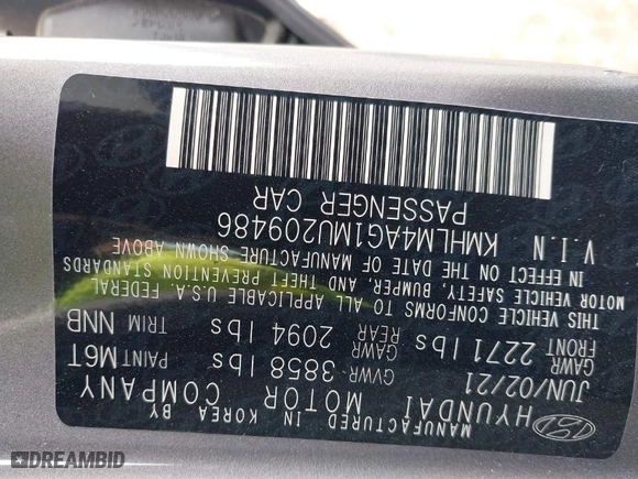 2021 Hyundai Elantra SEL with VIN KMHLM4AG1MU209486, listed as a IAAI auction lot 41505392 with 25,687 mi miles. Bid and sale history available at carsss.com. Image 9.