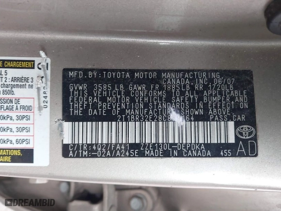 2008 Toyota Corolla CE with VIN 2T1BR32E28C859164, listed as a IAAI auction lot 41820654 with 229,212 mi miles. Bid and sale history available at carsss.com. Image 9.