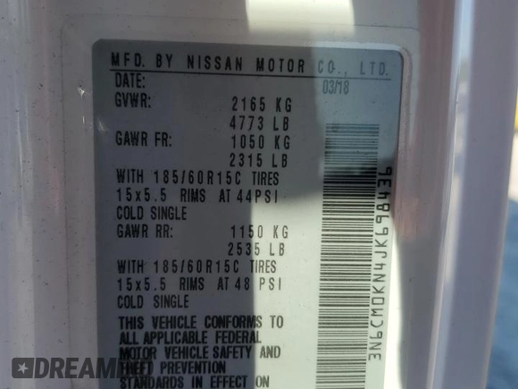 2018 Nissan NV200 SV z VIN 3N6CM0KN4JK698436, wystawiony jako Copart lot #52990015 z przebiegiem 119 776 mil mil oraz Szkoda całkowita • Salvage title. Historia ofert i sprzedaży dostępna na DreamBid. Obrazek 14.