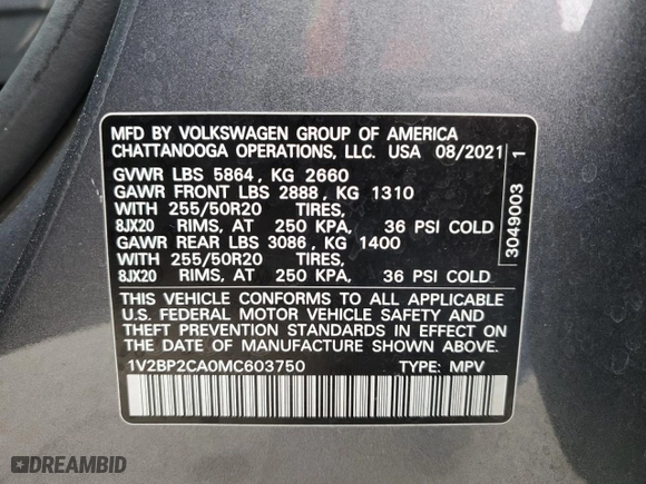 2021 Volkswagen Atlas 2.0T SEL with VIN 1V2BP2CA0MC603750, listed as a Copart auction lot 85717244 with 39,303 mi miles and Salvage Title. Bid and sale history available at carsss.com. Image 15.