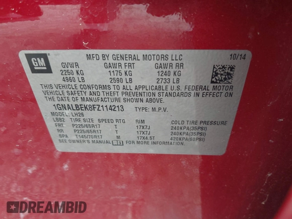 2015 Chevrolet Equinox LT with VIN 1GNALBEK8FZ114213, listed as a IAAI auction lot 41934829 with 124,613 mi miles and . Bid and sale history available at DreamBid. Image 9.