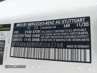 2021 Mercedes-Benz C 300 with VIN W1KWK8DB5MG062768, listed as a IAAI auction lot 41871307 with 36,538 mi miles and . Bid and sale history available at DreamBid. Image 9.