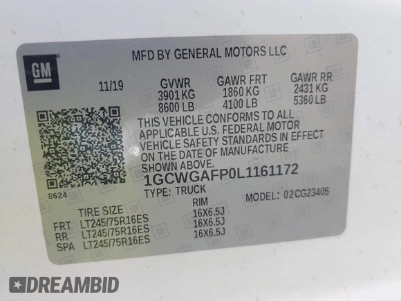 2020 Chevrolet Express Cargo with VIN 1GCWGAFP0L1161172, listed as a IAAI auction lot 42135101 with 130,189 mi miles and . Bid and sale history available at DreamBid. Image 9.