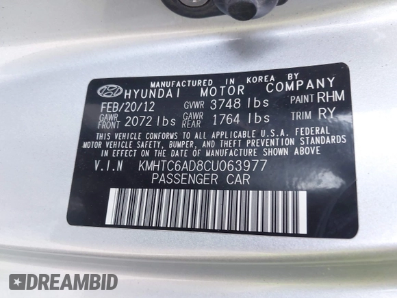 2012 Hyundai Veloster w/Gray Int with VIN KMHTC6AD8CU063977, listed as a IAAI auction lot 41494419 with 192,179 mi miles and . Bid and sale history available at DreamBid. Image 9.