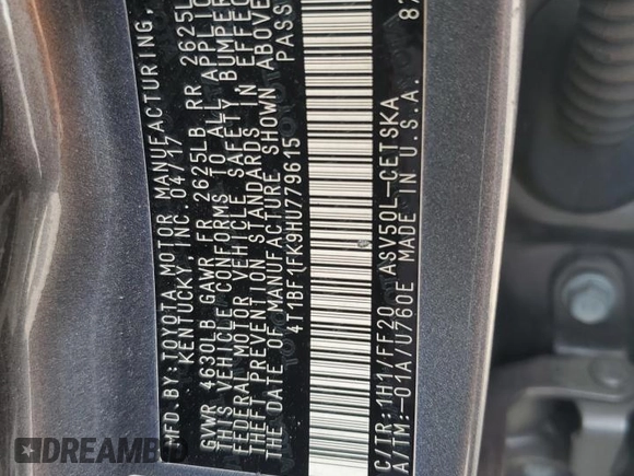2017 Toyota Camry XLE z VIN 4T1BF1FK9HU779615, wystawiony jako Copart lot #59156995 z przebiegiem 99 756 mil mil oraz Szkoda całkowita • Salvage title. Historia ofert i sprzedaży dostępna na DreamBid. Obrazek 12.