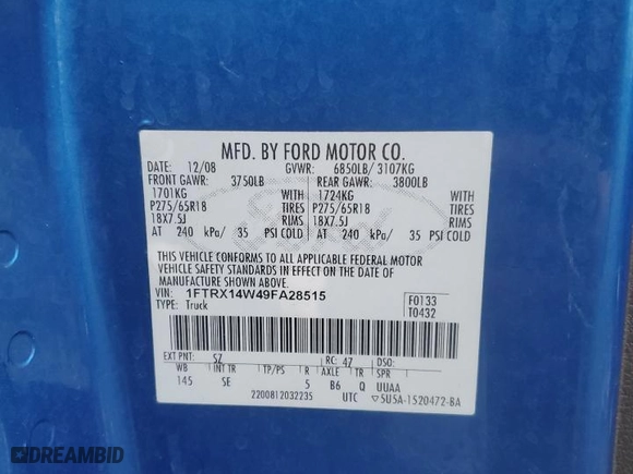 2009 Ford F-150 STX with VIN 1FTRX14W49FA28515, listed as a Copart auction lot 43695085 with 214,124 mi miles and Salvage Title. Bid and sale history available at carsss.com. Image 12.