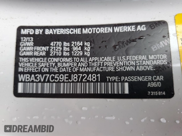 2014 BMW 4 Series 428i with VIN WBA3V7C59EJ872481, listed as a Copart auction lot 82449884 with 82,303 mi miles and Salvage title. Bid and sale history available at DreamBid. Image 12.