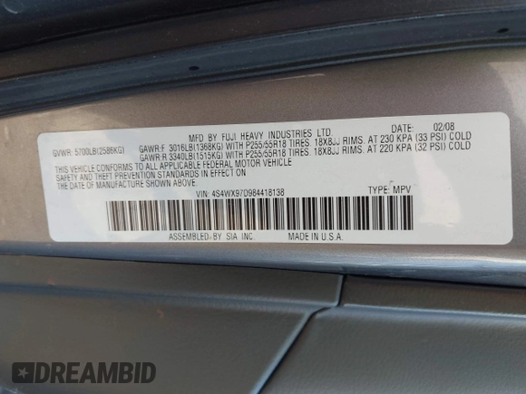 2008 Subaru Tribeca Limited z VIN 4S4WX97D984418138, wystawiony jako IAAI lot #42100586 z przebiegiem 161 451 mil mil oraz . Historia ofert i sprzedaży dostępna na DreamBid. Obrazek 9.
