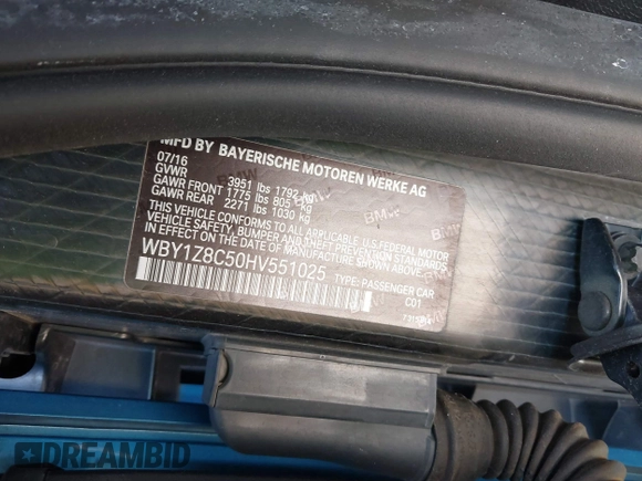 2017 BMW i3 z VIN WBY1Z8C50HV551025, wystawiony jako IAAI lot #41722975 z przebiegiem 85 709 mil mil oraz . Historia ofert i sprzedaży dostępna na DreamBid. Obrazek 9.