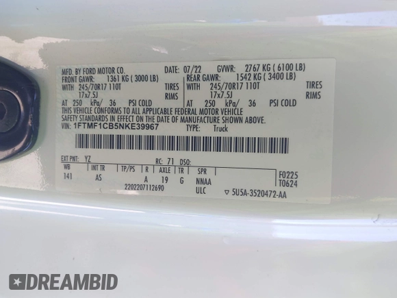 2022 Ford F-150 XL with VIN 1FTMF1CB5NKE39967, listed as a IAAI auction lot 41611291 with 53,485 mi miles and . Bid and sale history available at DreamBid. Image 9.