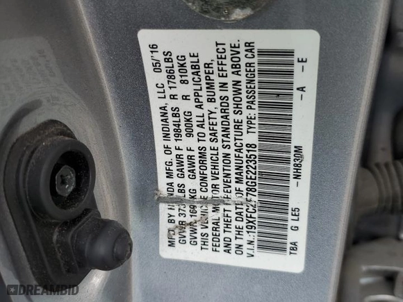 2016 Honda Civic Sedan EX with VIN 19XFC2F78GE223518, listed as a Copart auction lot 51064225 with 133,352 mi miles and Salvage Title. Bid and sale history available at carsss.com. Image 15.