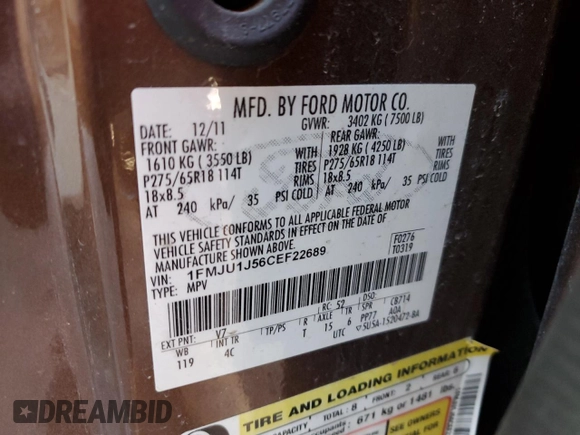 2012 Ford Expedition XLT с VIN 1FMJU1J56CEF22689, выставлен на аукционе Copart как лот 82852054 с пробегом 168 563 миль миль и Списание • Salvage title. История ставок и продаж доступна на DreamBid. Изображение 13.